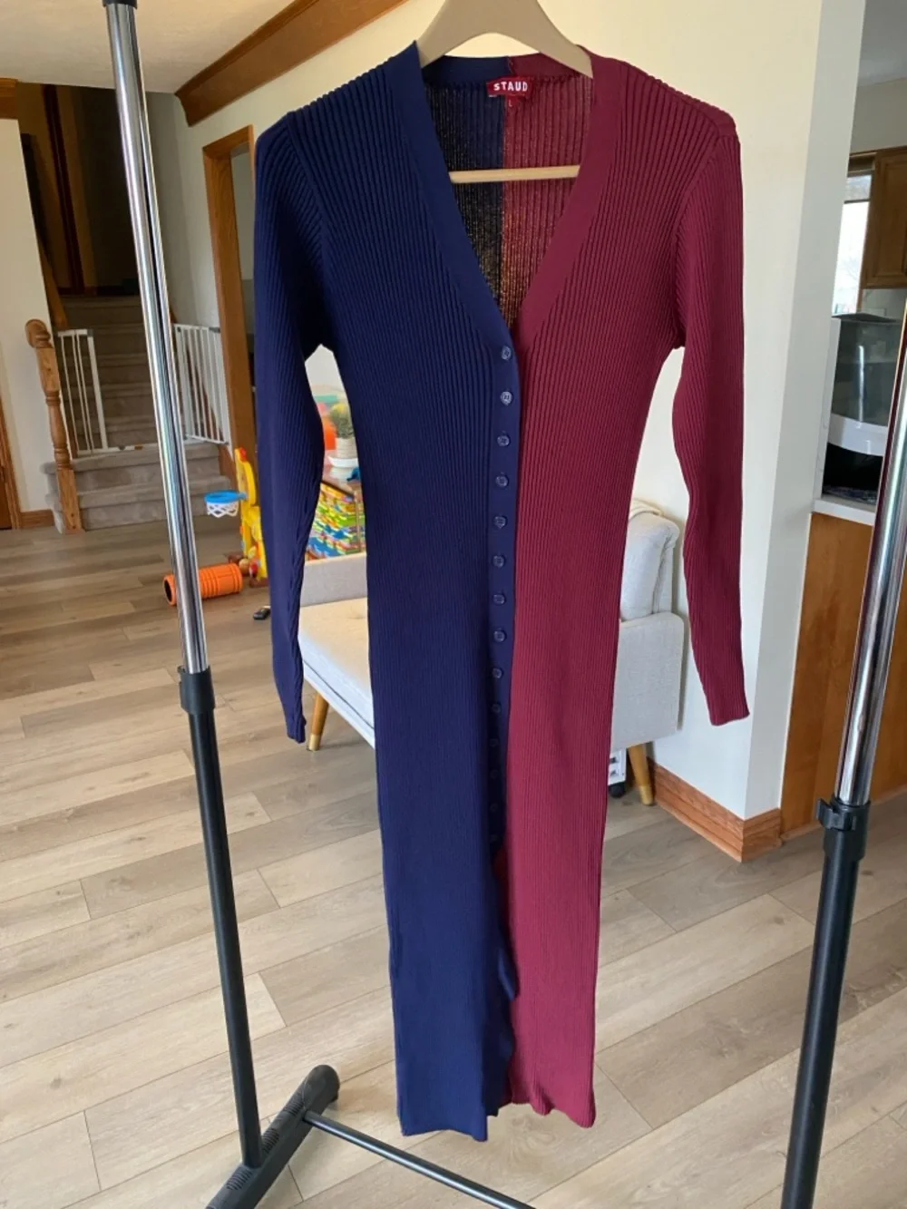 STAUD Shoko Two-Tone Ribbed Button-Down Maxi Cardigan - Navy & Burgundy - Picture 2 of 4